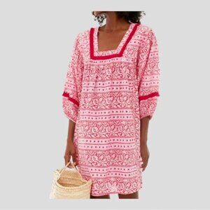 Tuckernuck Heat Wave Catalans Dress Size XS Pink Red Puff Sleeve Fringe Cover Up